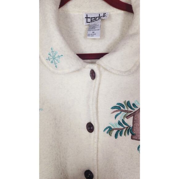 Vtg 80s Teddi Fleece longline button up coat Jacket Medium Embroidered cottage - Picture 3 of 8